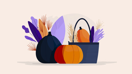 Pumpkins illustration with foliage and basket