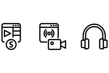 Digital Media Flat Icons — Monetization, Livestreaming, and Headphone Concept