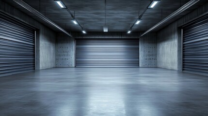 Empty Warehouse Interior Concrete Floors with Roller Shutters, and Overhead Lights.