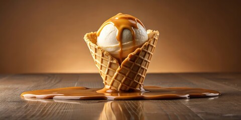 Delicious Creamy Ice Cream in a Waffle Cone with Melted Caramel Sauce Drizzled Over it, Sitting on a Wooden Table