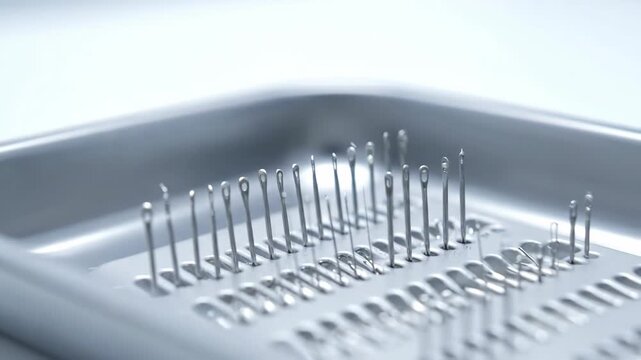 Close up of various needles arranged in a metal tray tool kit