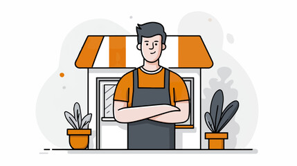 Shopkeeper with arms crossed in front of shop illustration