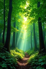 Obraz premium Sunlight Dapples Lush Rainforest Canopy, Vibrant Green Forest Floor, Peaceful Nature Scene