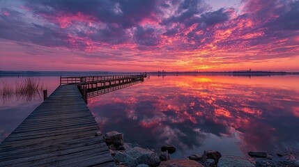 Serene sunrise paints sky and water with fiery colors, wooden pier extends