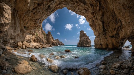 Fototapeta premium Breathtaking Coastal Cave with Clear Waters and Dramatic Rock Formations