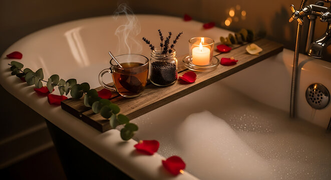 Luxurious bubble bath with steaming tea, romantic candlelight, and rose petals for ultimate relaxation and self-care - Powered by Adobe