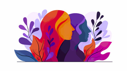 Silhouette of two people in profile surrounded by stylized plant elements