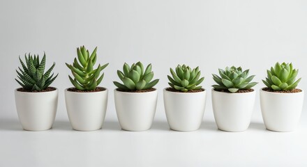 Fototapeta premium Succulent Garden in Ceramic Pots: A close-up view of a succulent garden with each succulent in its own pristine ceramic pot, showcasing their unique textures and vibrant colors. 