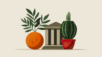 Still life illustration with building orange and watermelon