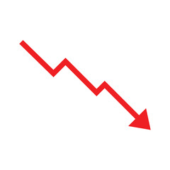 Obraz premium Red Downward Trend Arrow Icon Showing Decline, Loss, Crash, Financial Crisis, or Negative Stock Market Performance on a White Background