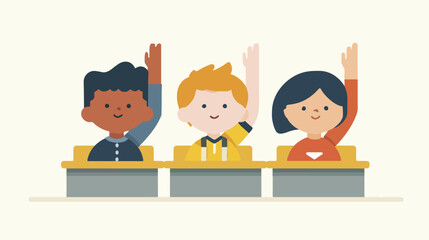 Students raising hands in classroom illustration