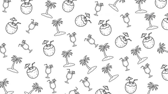 Seamless Pattern of Hand-Drawn Tropical Elements - Palm Trees and Coconut Drinks.