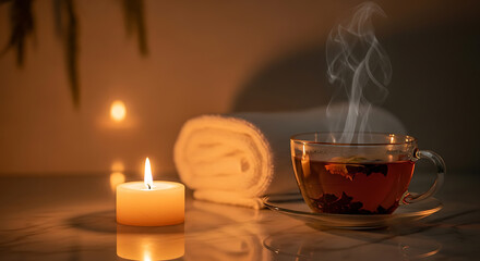 Warm herbal tea, glowing candle, and soft towel for a cozy, relaxing self-care moment.