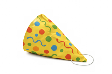 Yellow party hat with colorful polka dots and squiggly lines celebrating birthday holidays on transparent background