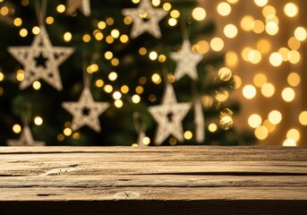 Christmas tree with wooden table and star ornaments, festive holiday background