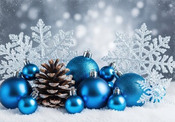 Christmas ornaments and snowflakes on a snowy surface with a blurred background
