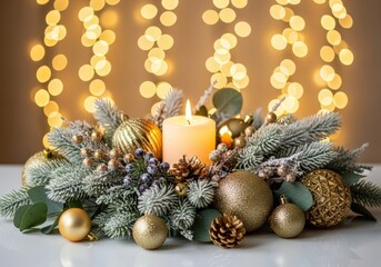 Festive Christmas centerpiece with candle, ornaments, and bokeh lights