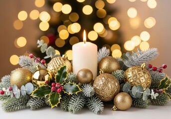Festive Christmas centerpiece with candle, ornaments, and holiday greenery