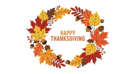 A festive Happy Thanksgiving greeting inside a beautiful autumn wreath made of colorful leaves and acorns.