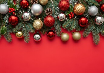 Festive Christmas ornaments and evergreen branches on a vibrant red background
