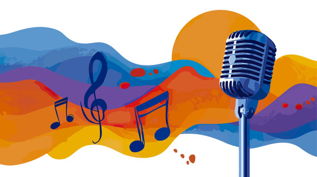 Vintage microphone with musical notes and abstract background