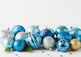 Festive Christmas ornaments in shades of blue and silver on a white background