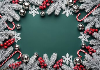 Festive Christmas background with ornaments, candy canes, and copy space
