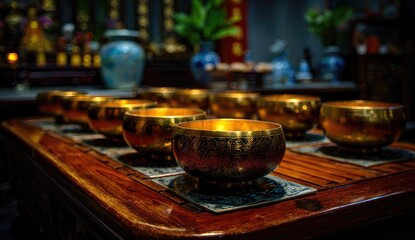 Fototapeta premium Golden bowls with intricate patterns are arranged on a wooden surface.