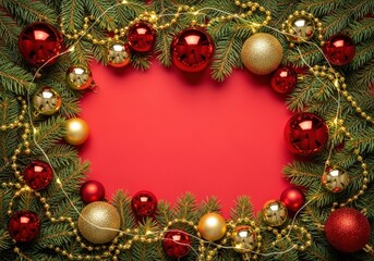 Festive Christmas wreath with red and gold ornaments on a vibrant red background