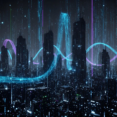 Digital Cityscape with Glowing Data Streams