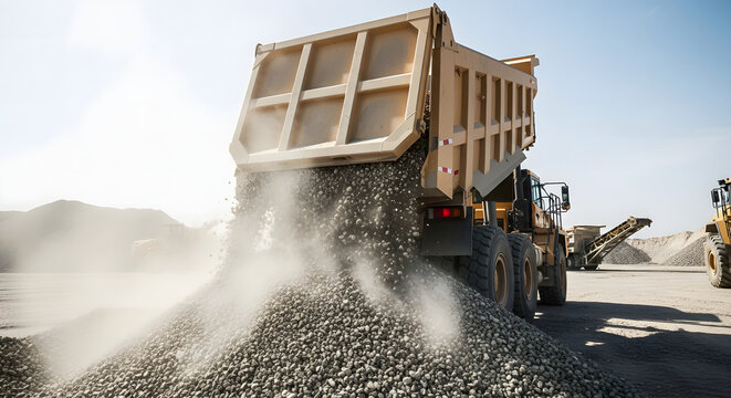 Heavy Duty Dump Truck Unloading Crushed Rock at Construction Site.