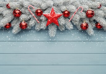 Festive Christmas decoration with red ornaments, star, and candy canes on blue wood