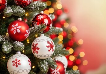 Christmas tree decorated with red and white snowflake ornaments