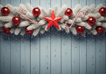 Festive Christmas garland with red ornaments and star on a rustic wooden background