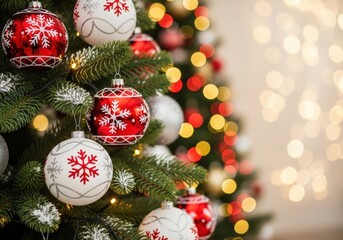 Christmas tree decorated with red and white ornaments and lights