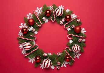 Festive Christmas wreath with ornaments, candy canes, and snowflakes on red background