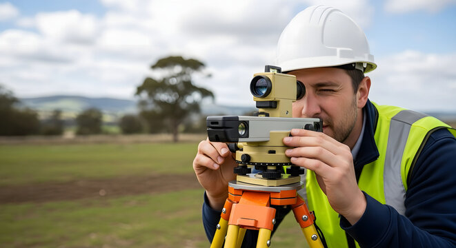 Surveyor Using Leveling Instrument for Land Measurement Outdoors.