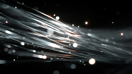 Hyperrealistic image of white gold and silver optical fibers glowing in darkness, symbolizing high-speed internet, data transfer, and the brilliance of digital innovation and network connectivity.