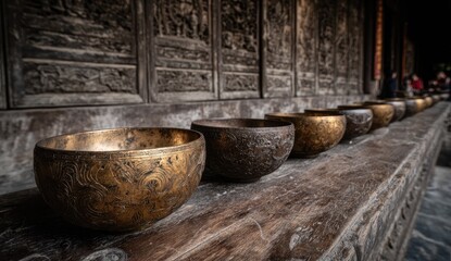 Fototapeta premium Row of antique metallic bowls with ornate carvings sit on a wooden ledge.