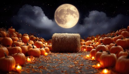 Harvest moon shines over a field of pumpkins and hay bales at night.