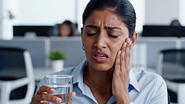 A businesswoman experiencing acute toothache and sensitivity while drinking cold water in the office, a concept for oral health issues, discomfort, and the need for dental treatment
