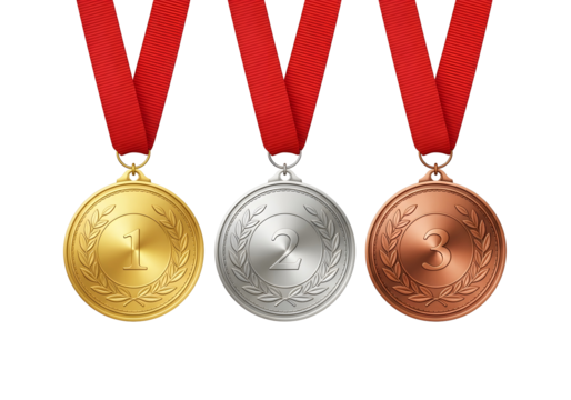 Medals with ribbon, set of gold, silver and bronze medals on transparent background