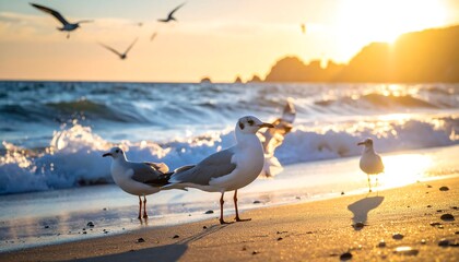 Gulls on a sandy beach at sunset