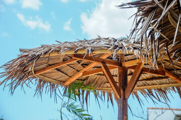 bottom view of a straw umbrella with a wooden frame against a clear sky for advertising space.