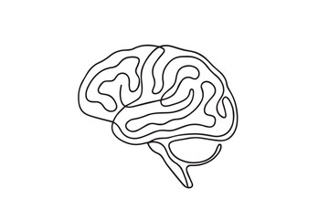 Vector minimalist depiction of a human brain in monochrome black and white, using defined black outlines to express clarity, intelligence, and abstract conceptual design.