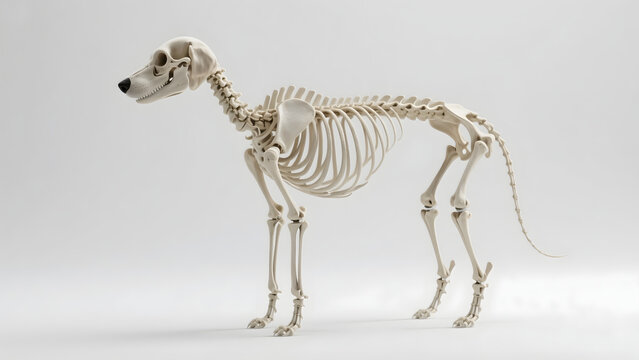 A detailed 3D render of a dog skeleton in anatomical position, displayed on a neutral studio background with realistic soft lighting, educational and scientific concept.