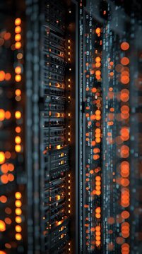 Futuristic data center server racks, glowing orange bokeh lights, dark technology background for cybersecurity and cloud computing