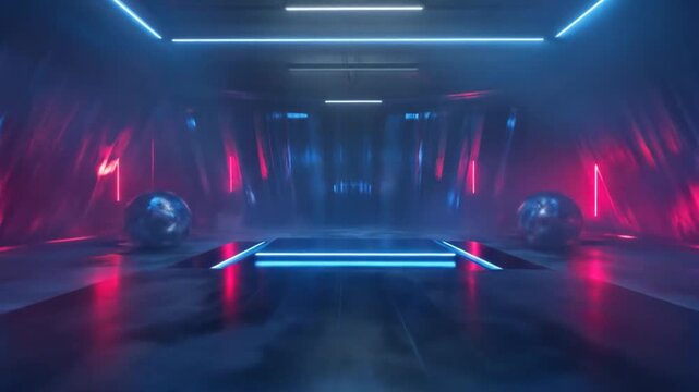 Neon-lit corridor with vapor and reflections, with glowing lines and spheres