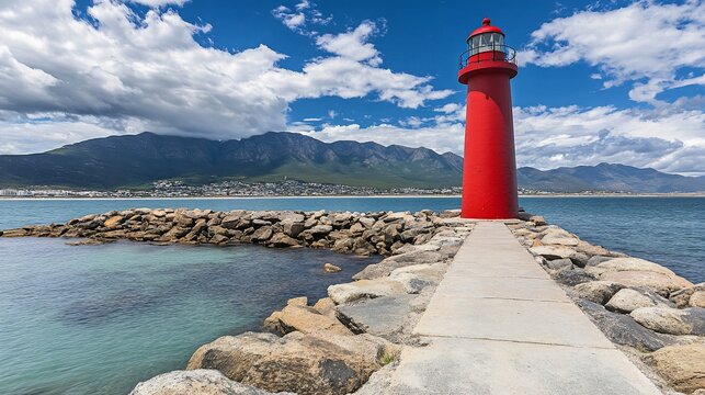 Striking Red Lighthouse on Rocky Pier with Ocean View with Mountains and Clouds.