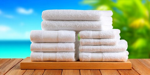Folded towels stacked at a beachside resort